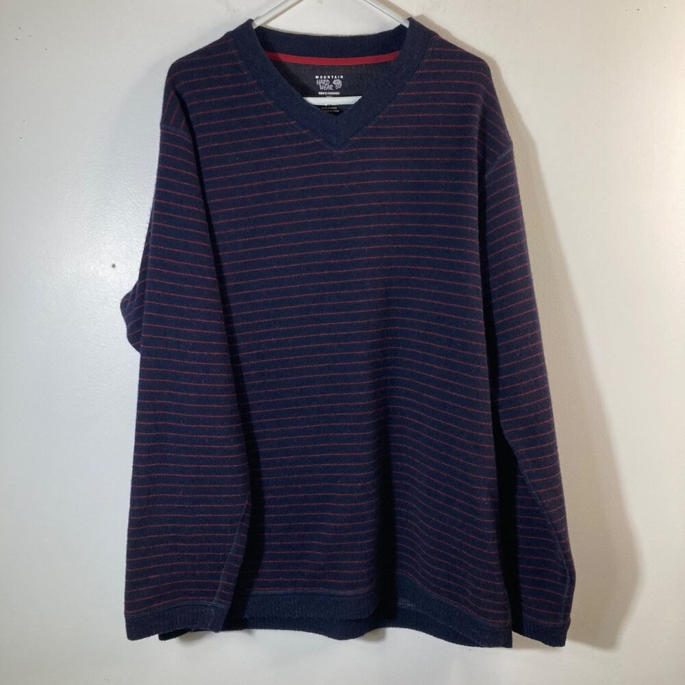Mens Mountain Hard‎ Wear  Wool Blend V Neck Sweater Navy Red Stripe XL